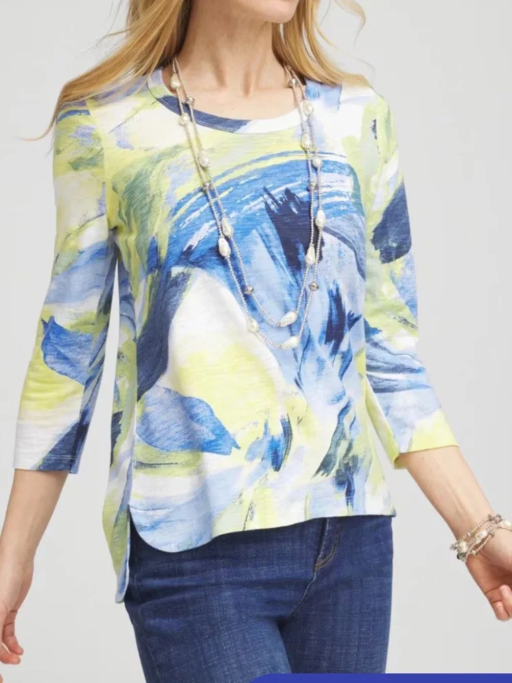 Chico's Watercolor Slub Scoop Neck Tee Luxuriously Top Soft Blue Yellow Sz 3 /XL - Picture 6 of 13